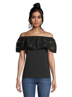 NWT Ella Rafaella Black Embroidered Off-The-Shoulder Top, Large, Never Worn
